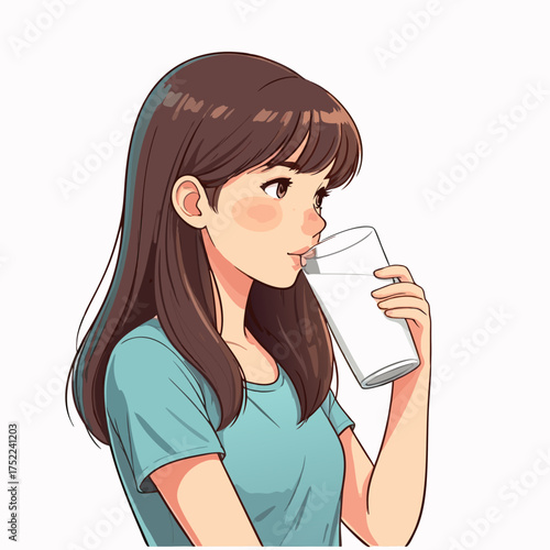 Anime girl with long brown hair blue tshirt drinking water from a clear glass side profile healthy hydration.
