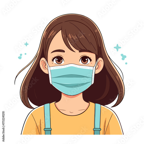 Anime style girl with brown hair and eyes wearing a light blue medical face mask and yellow shirt.