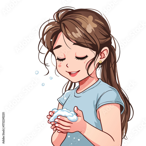 Animestyle girl with long brown hair happily washing her hands with soap foam and bubbles.