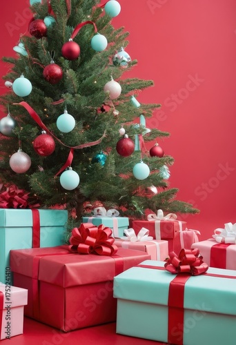 Blue gift boxes with orange ribbons and Christmas tree on red background, festive holiday decoration scene.