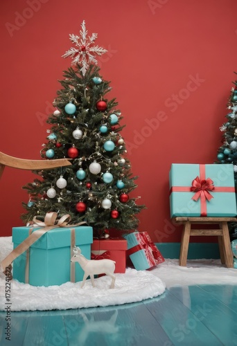 Blue gift boxes with orange ribbons and Christmas tree on red background, festive holiday decoration scene.