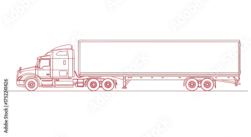 Side view of a large semi-truck with a long trailer, outlined in red.