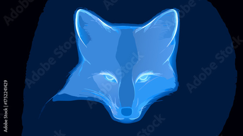 Ethereal Glowing Blue Fox Head Digital Art Illustration. Modern Neon Abstract Animal Face with Bright Eyes on Dark Background.