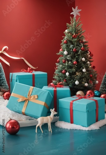 Blue gift boxes with orange ribbons and Christmas tree on red background, festive holiday decoration scene.