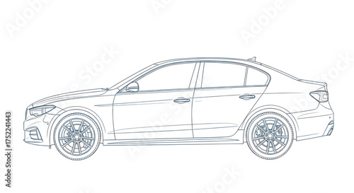 Elegant side profile line drawing of a modern four-door sedan car on a white background.