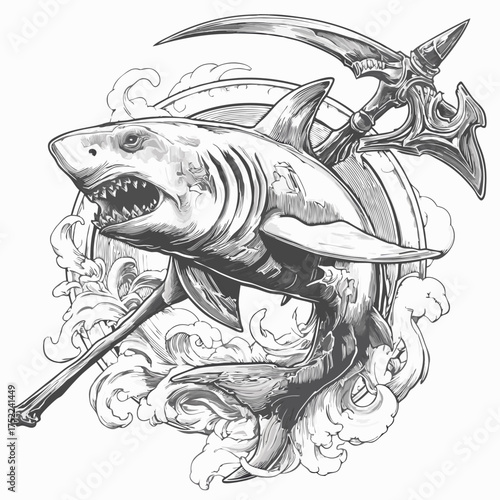 Shark holding a scythe in swirling water