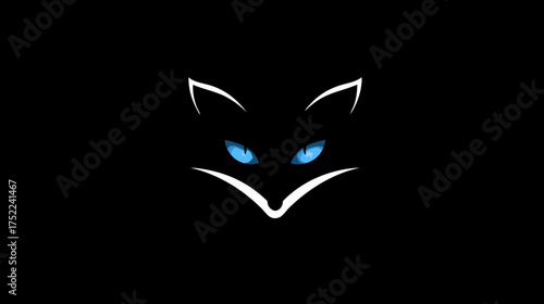 Sleek minimalist abstract fox head outline with bright glowing blue eyes on a deep black background, modern digital illustration.