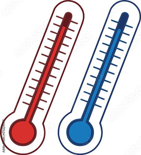 Red and blue glass thermometers show Celsius and Fahrenheit temperature measurement for hot and cold weather.