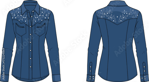 shirt denim women long sleeve button closure pocket chest flap embroidery floral cuff tailored seam apparel garment clothing fashion textile template vector sketch illustration design pattern prototyp