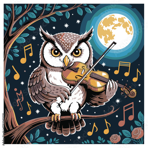 An owl playing the violin under the full moon at night, surrounded by musical notes and stars
