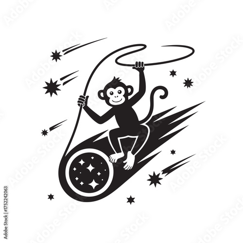 A playful monkey swings on a lasso while riding a comet through a starry sky, isolated on white background