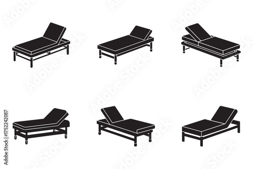 Variety of Black Sun Lounger Illustrations on White Background Relaxation and Vacation Theme for Graphic Design Projects