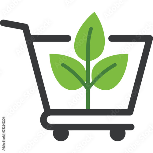 Eco-friendly shopping cart with plant leaves inside. organic green sustainable consumption environment