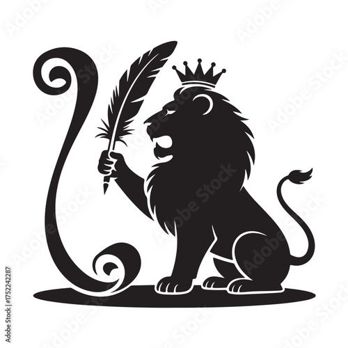 A regal lion wearing a crown, holding a quill pen, isolated on white background