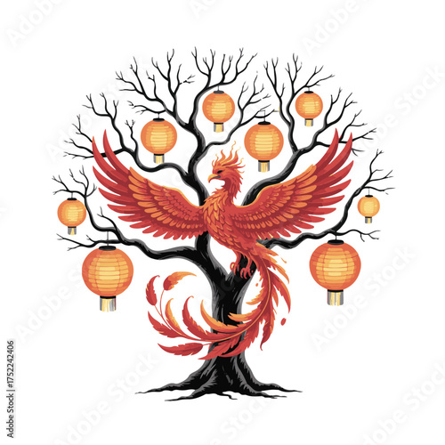 A vibrant red phoenix perched on a dark tree adorned with glowing orange lanterns, isolated on white background