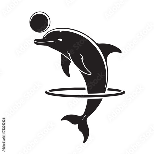 Black silhouette of a dolphin jumping through a hoop and balancing a ball on its nose, isolated on white background