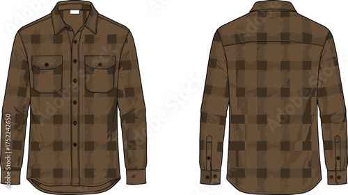 shirt plaid long sleeve button collar placket pocket flap yoke cuff curved hem apparel garment clothing fashion textile template vector sketch illustration design pattern classic wardrobe prototypeshi