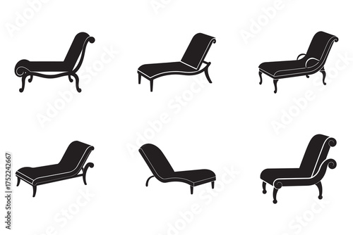 Variety of Stylish Chaise Lounge Silhouettes for Interior Design and Relaxation Concepts in Black and White