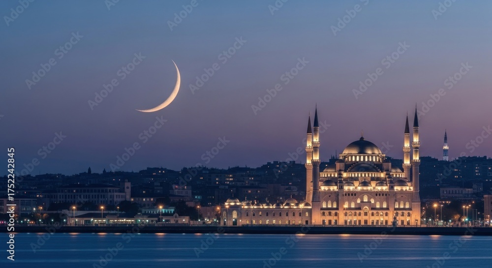 Fototapeta premium Mosque illuminated at dusk under a crescent moon, cityscape background