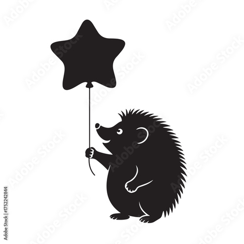 Cute black silhouette of a hedgehog holding a star balloon, isolated on white background