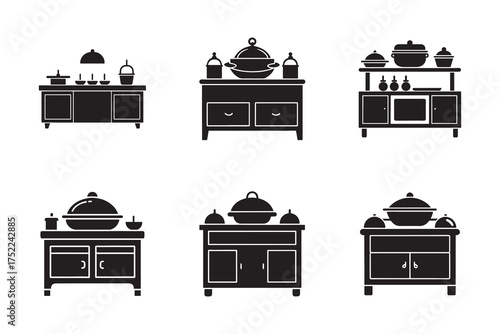 Various Kitchen Cabinets and Storage Units Silhouettes for Culinary and Interior Design Projects Stock Vector Illustration