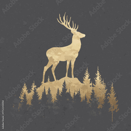 Majestic golden stag silhouette with large antlers standing on a hill above a pine forest, rustic nature landscape illustration