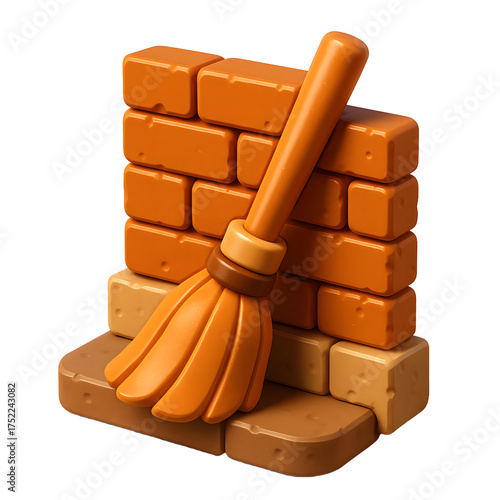3D Witch broom leaning against an old brick wall
