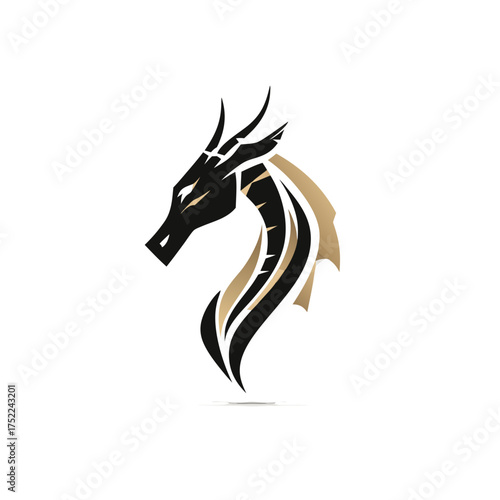 Elegant and strong stylized dragon head logo design in black and gold, a powerful mythical fantasy creature emblem with minimalist lines.