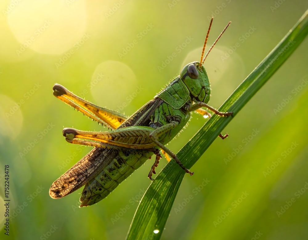 Fototapeta premium A close-up captures a green grasshopper on a blade of grass against a blurred, sunlit background