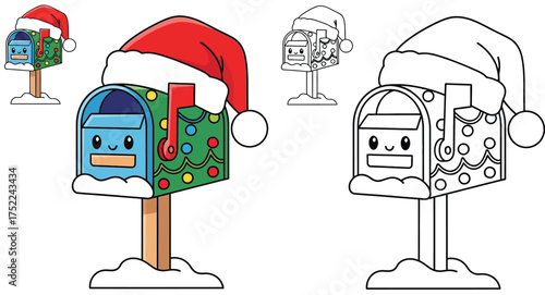 Cute Christmas Mailbox with Santa Hat - Festive Cartoon Vector Illustration for Coloring Book and Holiday Designs