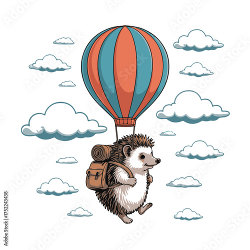 Cute hedgehog with a backpack flying in a hot air balloon, isolated on white background