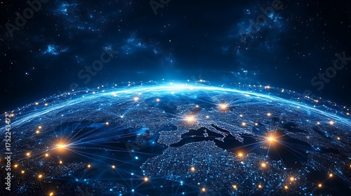 A digital earth with glowing connections against a dark starry space background in blue tones