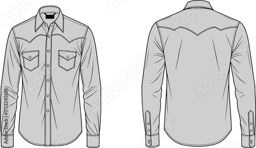 shirt women western long sleeve button collar yoke pocket flap placket cuff curved hem apparel garment clothing fashion textile template vector sketch illustration design pattern wardrobe prototypeshi