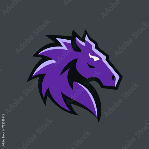Modern stylized purple horse head logo design, powerful animal mascot illustration, symbol of strength and speed, bold graphic