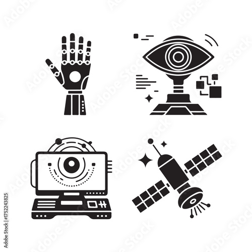Set of four futuristic technology icons including a robotic hand, an eye scanner, a satellite, and a camera isolated on white background