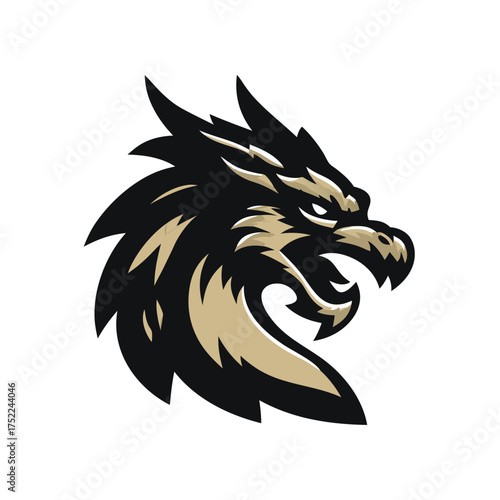 Stylized dragon head illustration for gaming logo, e-sports team mascot, fantasy creature emblem, mythical beast icon, power and strength concept.