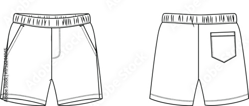 shorts elastic waistband pocket patch fly seam apparel garment clothing fashion textile template vector sketch illustration design pattern fitted casual modern stylish classic wardrobe prototype silho