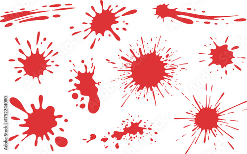 Collection of red paint splatter stains isolated on white background, abstract ink blot design, creative splash texture vector illustration