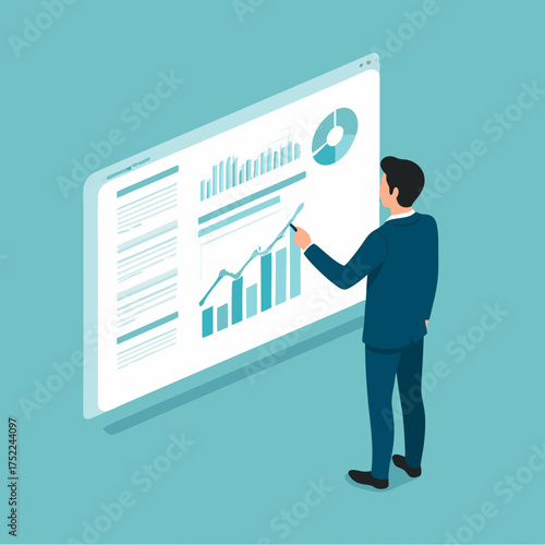 Businessman in a dark blue suit analyzing a financial growth chart on a large digital screen.