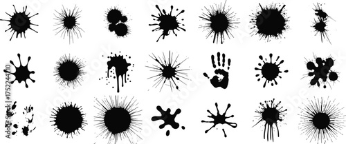 Collection of twenty black ink splatter stains isolated on white background, abstract paint drops, grunge texture vector illustration design