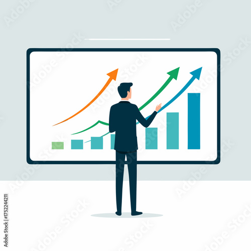 Businessman in a red suit seen from behind presenting a colorful financial growth chart with rising arrows.