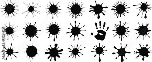 Collection of twenty black ink splatter stains isolated on white background, abstract paint drops, grunge texture vector illustration design