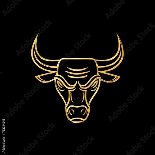 Elegant Golden Bull Head Outline Vector Art on Black Background Symbolizing Power, Strength, and Success