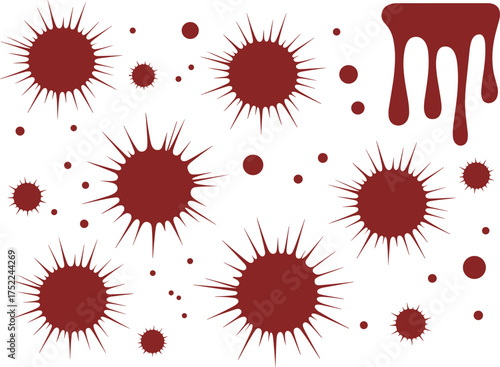 Realistic red paint splatter stains isolated on white background, abstract liquid drops, creative horror or ink texture illustration design