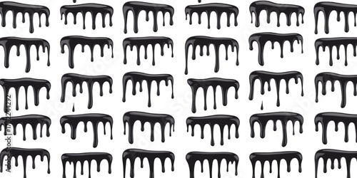 Seamless pattern of black dripping paint texture, glossy liquid drops flowing down, horror or oil effect design background illustration