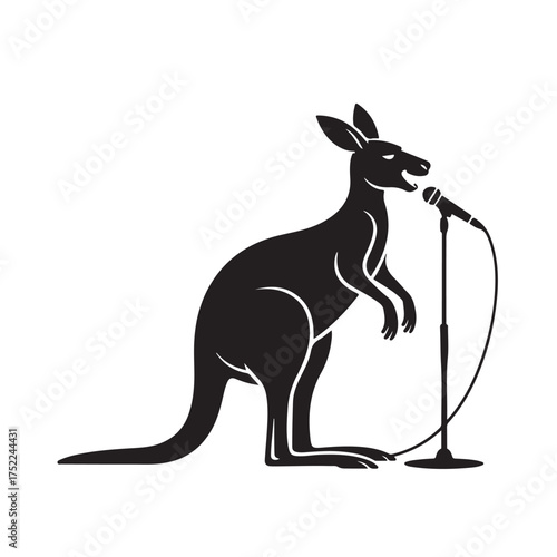 Silhouette of a kangaroo standing at a microphone, isolated on white background