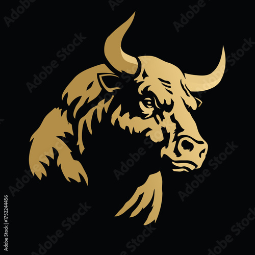 Powerful golden bull head illustration, strong bovine symbol on black background, strength and determination concept vector art.