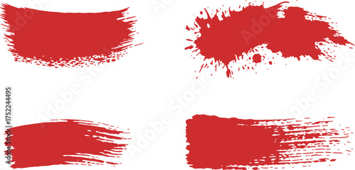 Set of four red paint brush strokes isolated on white background, glossy texture, artistic smear and abstract design illustration