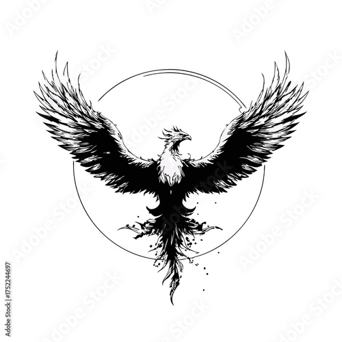 Black and white phoenix with spread wings within a circle