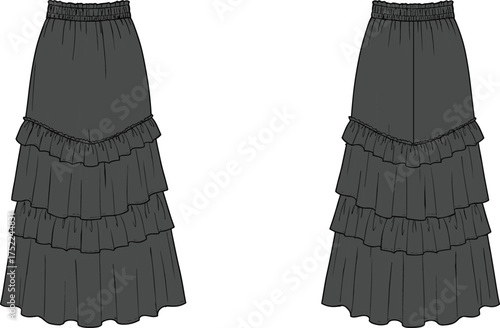 skirt tiered layered ruffled gathered flared black fashion apparel garment illustration technical sketch waistband elastic silhouette vector template design construction drawing textile wearable styli